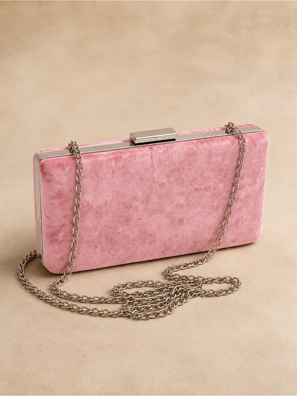 Glint Pink Crushed Velvet Hard Case Clutch Silver Chain Evening Bag
